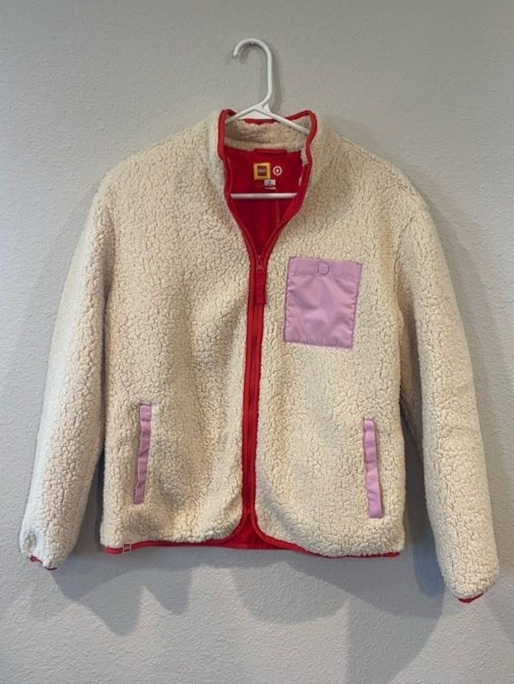 NWT LEGO X TARGET Womens Cream Red Pink Cozy Sherpa Full Zip Jacket Size Small
